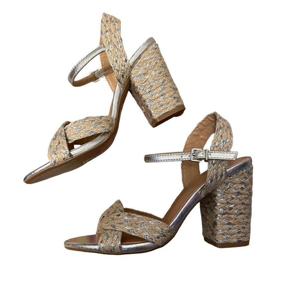 Express Metallic Strad Jute Block Heeled Sandals Size 7 NEW - Picture 1 of 6